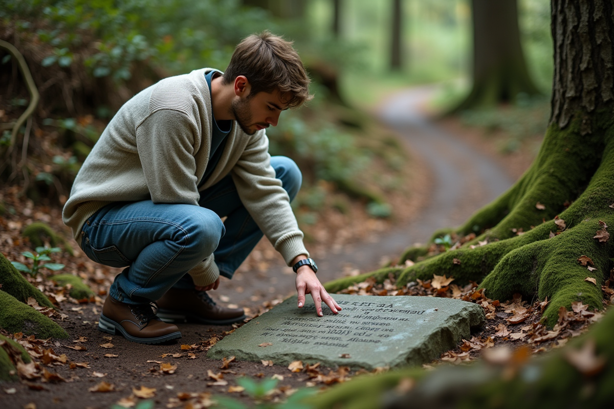 Jeune homme explorant une pierre ancienne en forêt