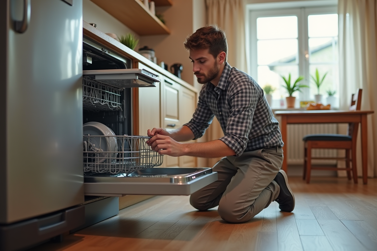 Jeune homme examinant un lave-vaisselle avec pièce en plastique fondue