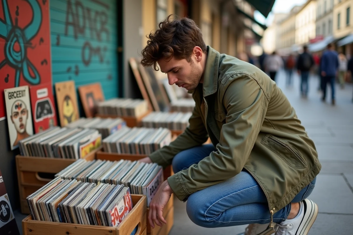 Jeune homme cherchant des vinyles dans une brocante