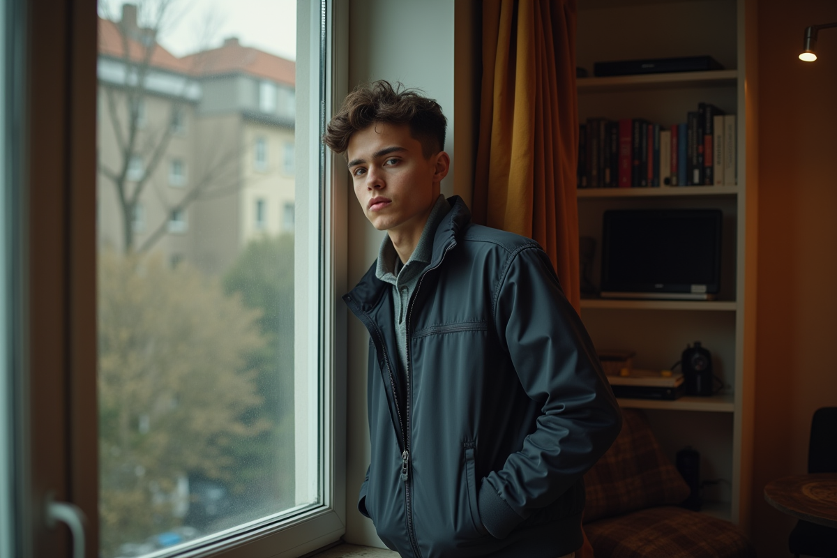 Jeune homme regardant par une fenêtre dappartement