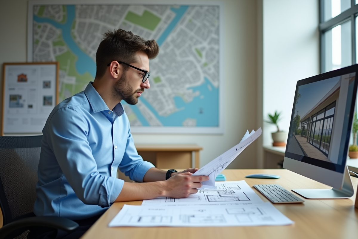 Jeune homme professionnel examinant des documents au bureau