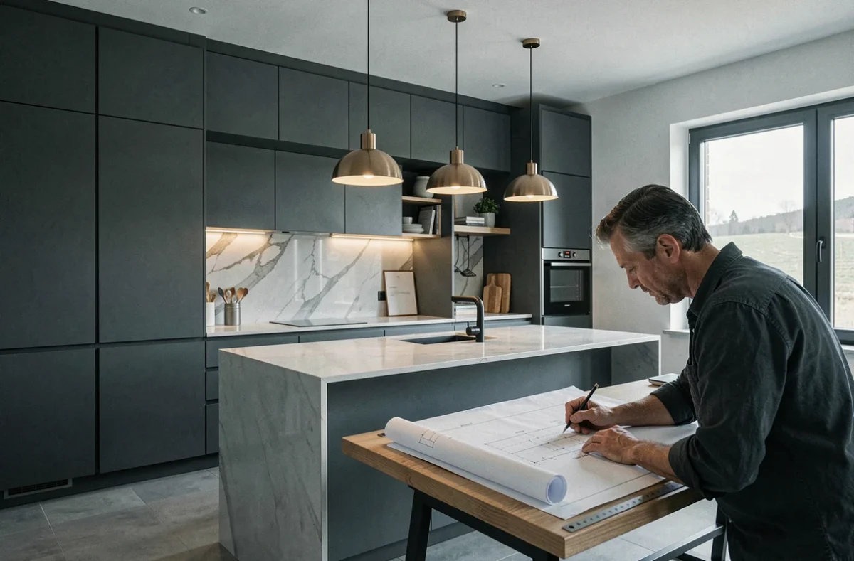 Studio KF Agencement et Design dans les Vosges présentant une cuisine architecturale sur-mesure en laque gris foncé et marbre