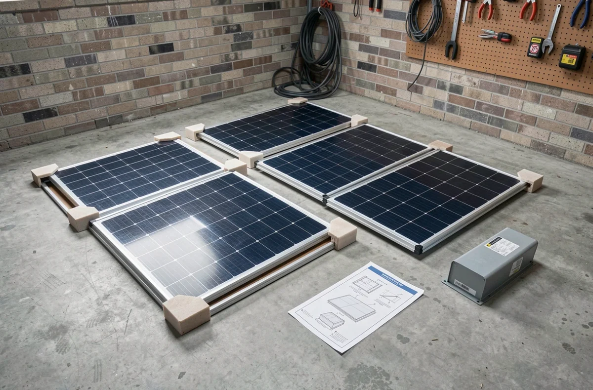 Kit solaire 4 panneaux photovoltaïques avec onduleur et accessoires avant installation
