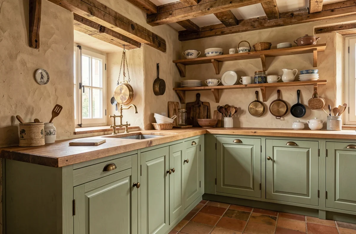 Cuisine artisanale Laurent Duez en vert sauge avec façades shaker peintes à la main et plan de travail en chêne massif dans une ferme rénovée de l'Aisne