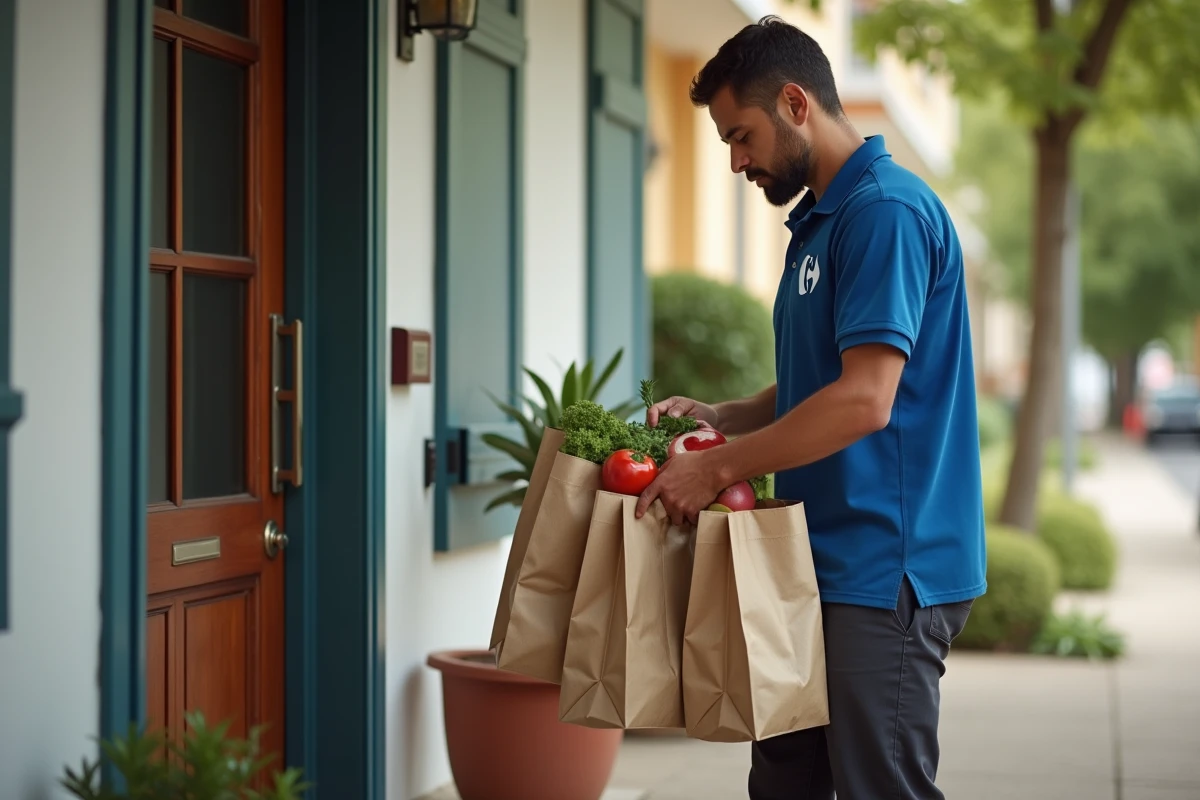 Livreur Carrefour déposant des sacs de courses devant la porte d'une maison individuelle