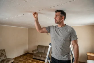 Locataire inspectant une fissure au plafond dans un appartement en location