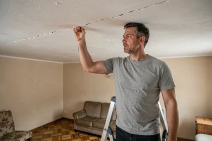 Locataire inspectant une fissure au plafond dans un appartement en location