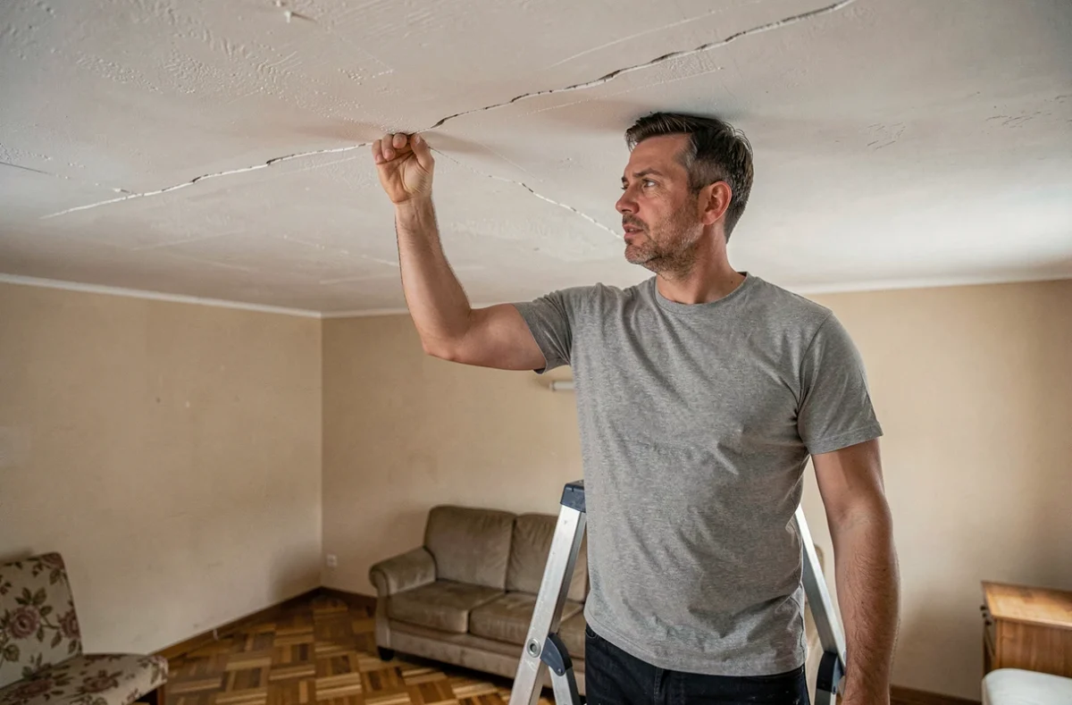 Locataire inspectant une fissure au plafond dans un appartement en location
