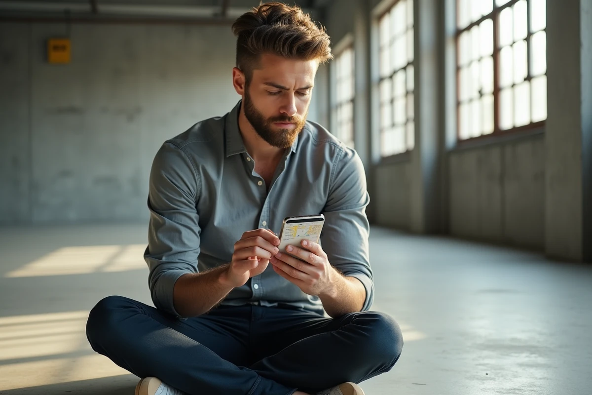 Jeune locataire recherchant un bien immobilier sur application mobile dans un appartement vide
