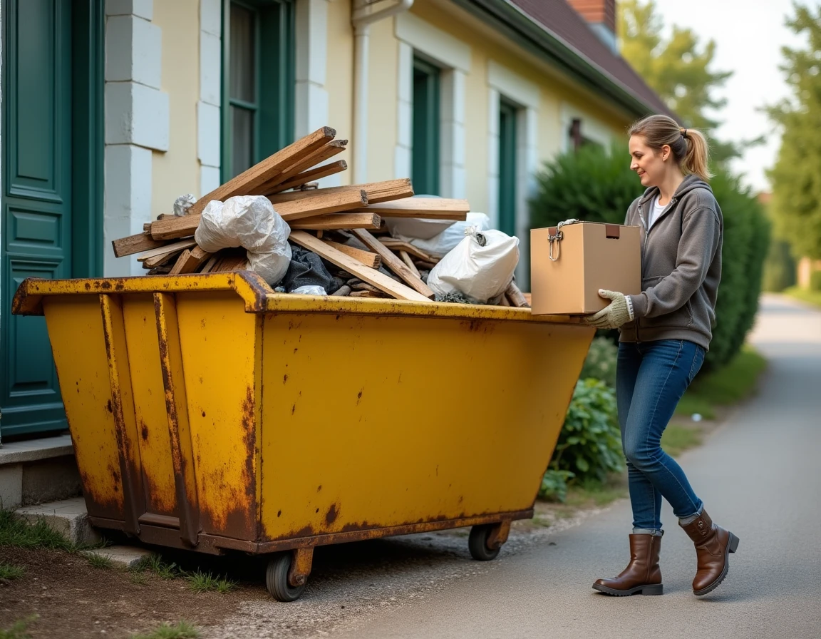 Femme déposant des déchets dans une benne à ordures louée devant une maison en Bretagne