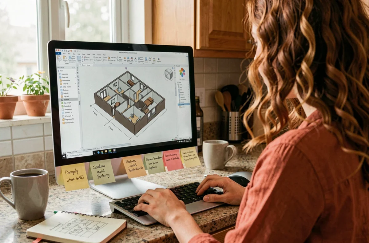 Jeune femme utilisant un logiciel gratuit de plan 3D pour aménager un appartement en location depuis sa cuisine