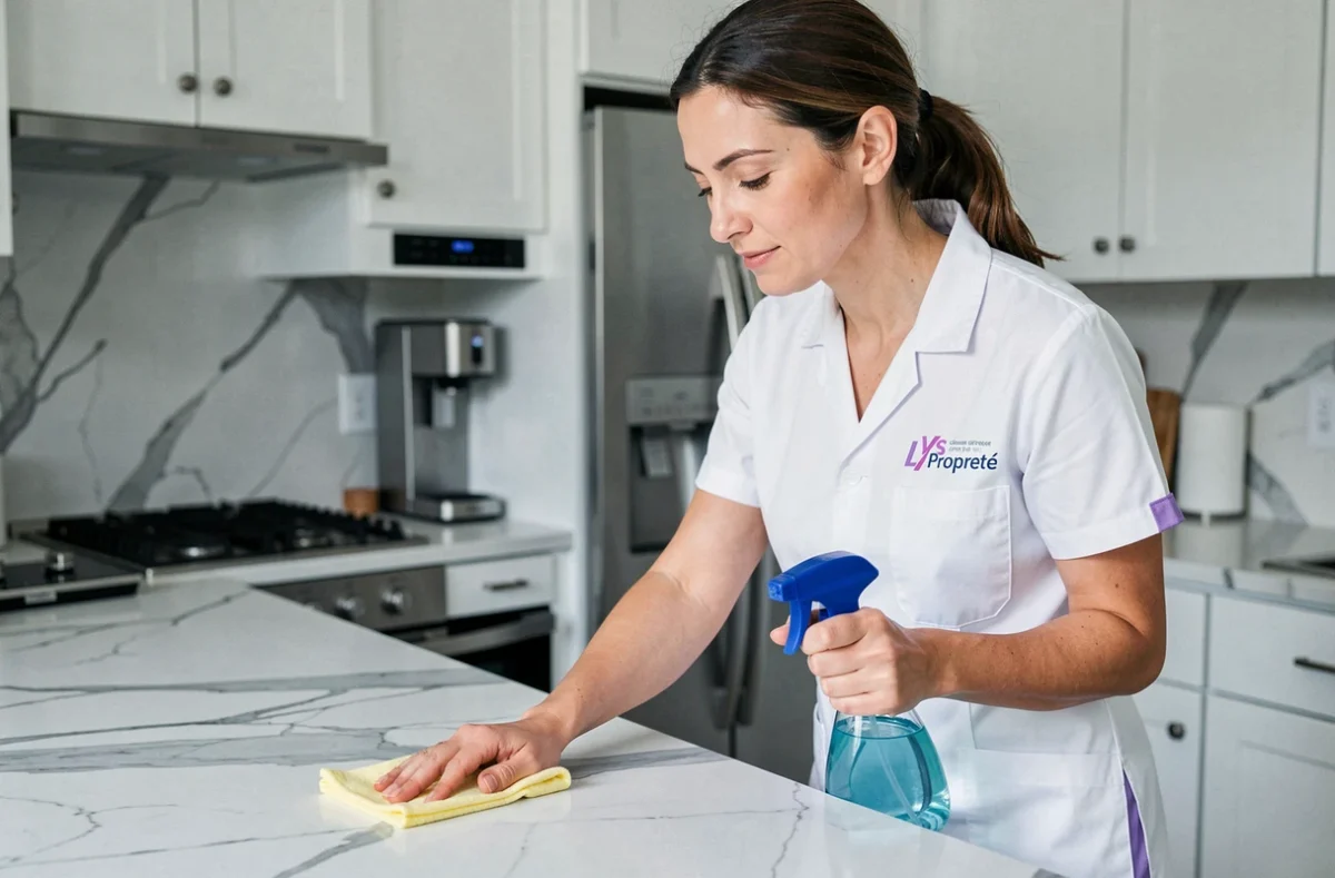 Employée de Lys Propreté nettoyant un plan de travail dans une cuisine moderne et lumineuse à Angers