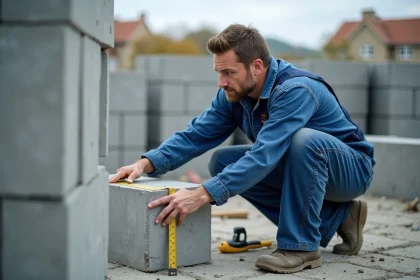 Maçon en bleu mesurant une brique en construction