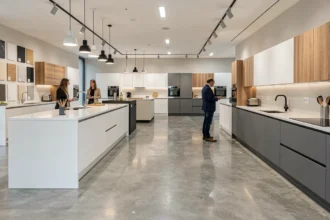 Showroom de cuisinistes dans l'Aisne avec plusieurs modèles de cuisines exposés et un couple conseillé par un professionnel