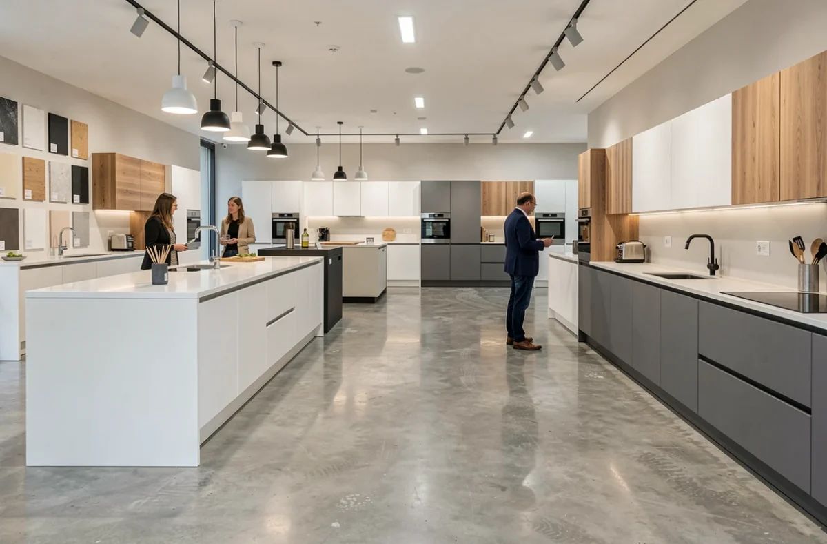 Showroom de cuisinistes dans l'Aisne avec plusieurs modèles de cuisines exposés et un couple conseillé par un professionnel