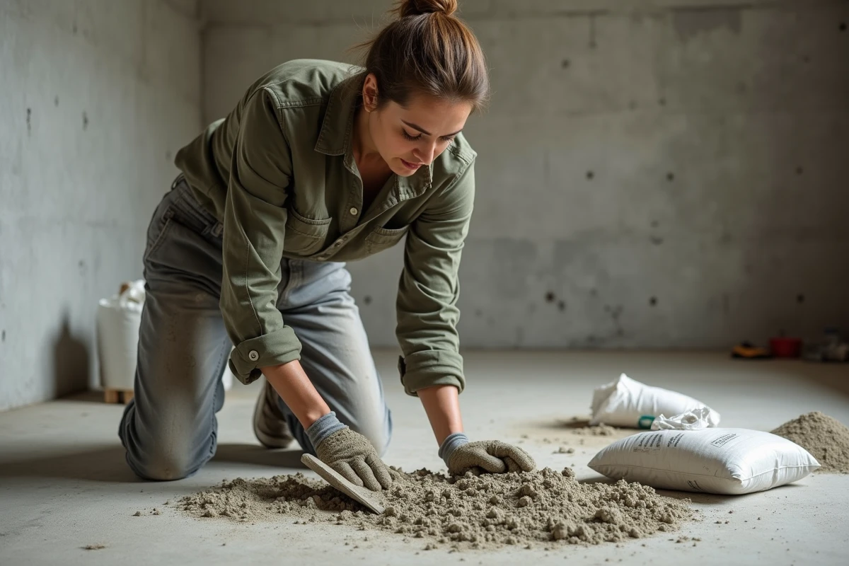 Femme mélangeant manuellement une chape maigre sans bétonnière sur un sol en béton brut