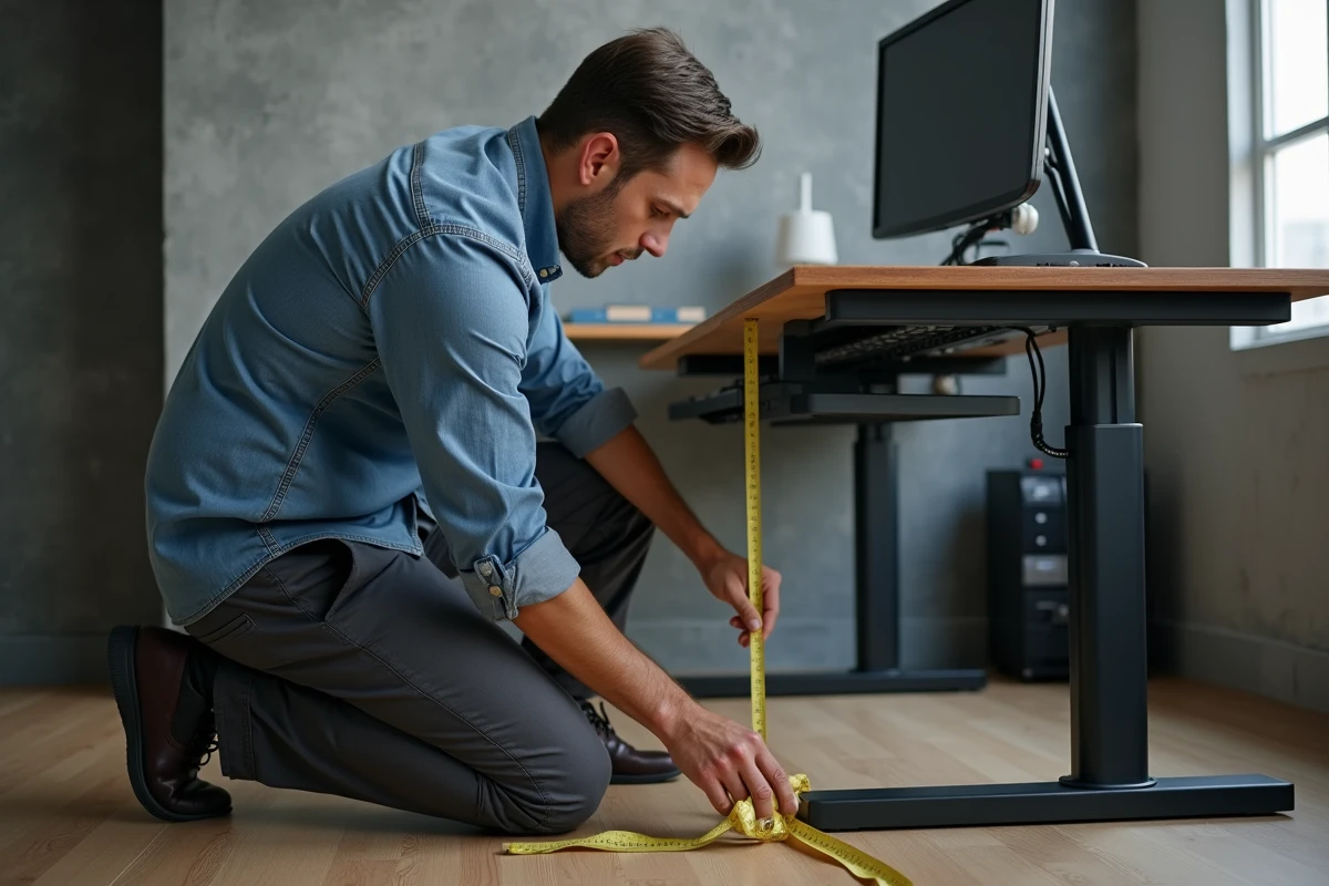 Homme mesurant la hauteur d'un bureau ergonomique depuis le sol avec un mètre ruban dans un bureau à domicile