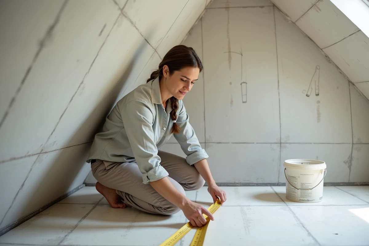 Architecte d'intérieur mesurant les contraintes de hauteur sous pente dans une salle de bain en cours d'aménagement