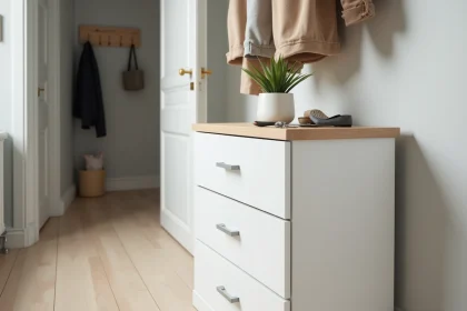 Meuble à chaussure Nano blanc avec tiroirs dans un couloir étroit d'appartement moderne