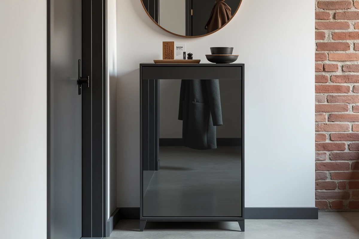 Meuble à chaussure Nano anthracite avec miroir dans un couloir au style industriel épuré