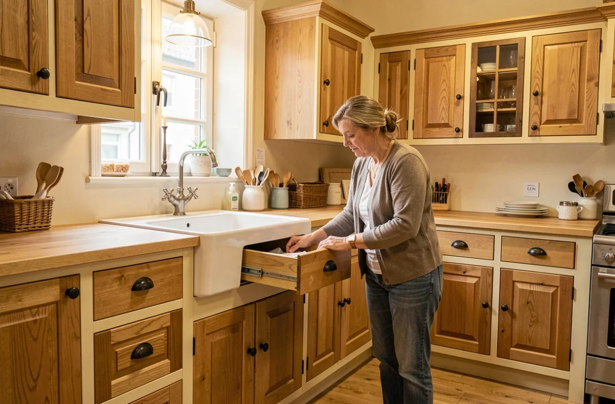 Meuble de cuisine en chêne massif de style traditionnel exposé chez Meubles Mougeolle dans les Vosges
