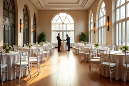 Mobilier événementiel haut de gamme avec chaises Chiavari blanches et tables rondes drapées de lin ivoire dans une salle de réception élégante
