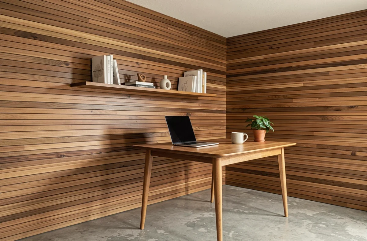 Mur bureau à domicile entièrement recouvert de lattes bois auto-adhésives en noyer avec coin de travail moderne