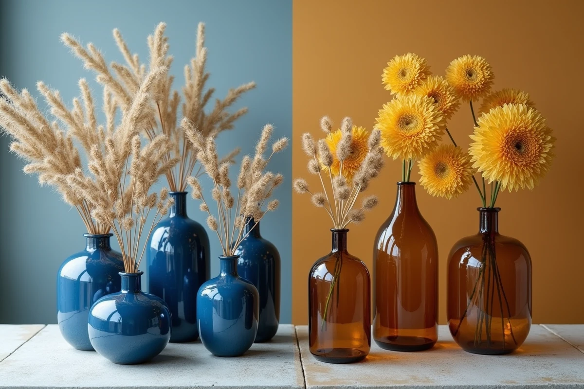 Nature morte divisée entre vases bleus froids et fleurs sèches dorées chaudes illustrant le contraste des couleurs complémentaires