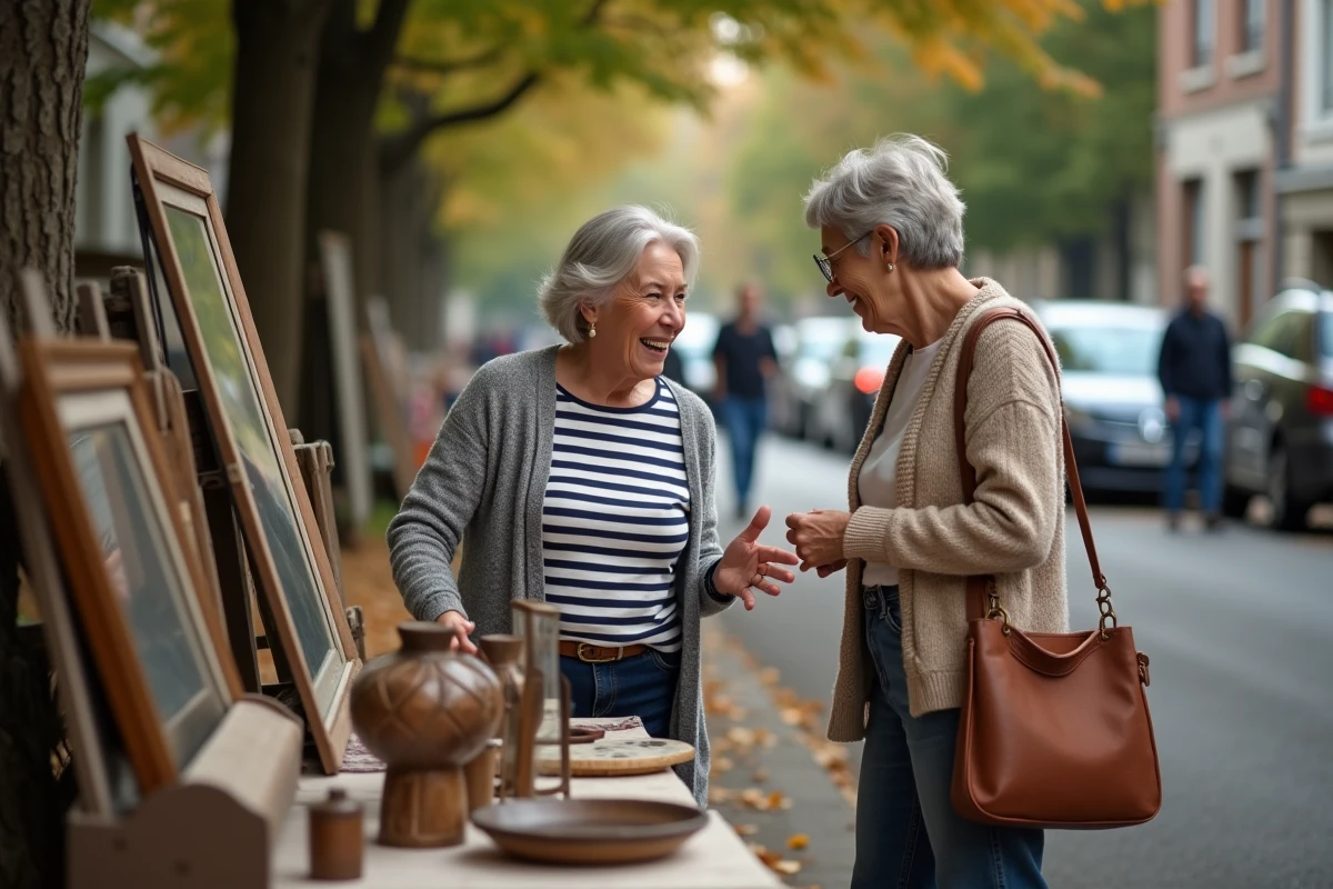 Deux femmes négociant un miroir ancien lors d'un vide grenier en banlieue parisienne dans le 92