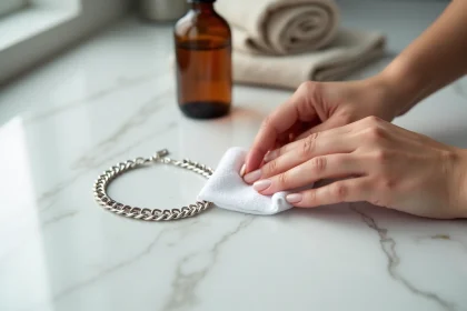 Mains appliquant un produit nettoyant argent sur un bracelet en argent massif avec un chiffon doux sur une surface en marbre