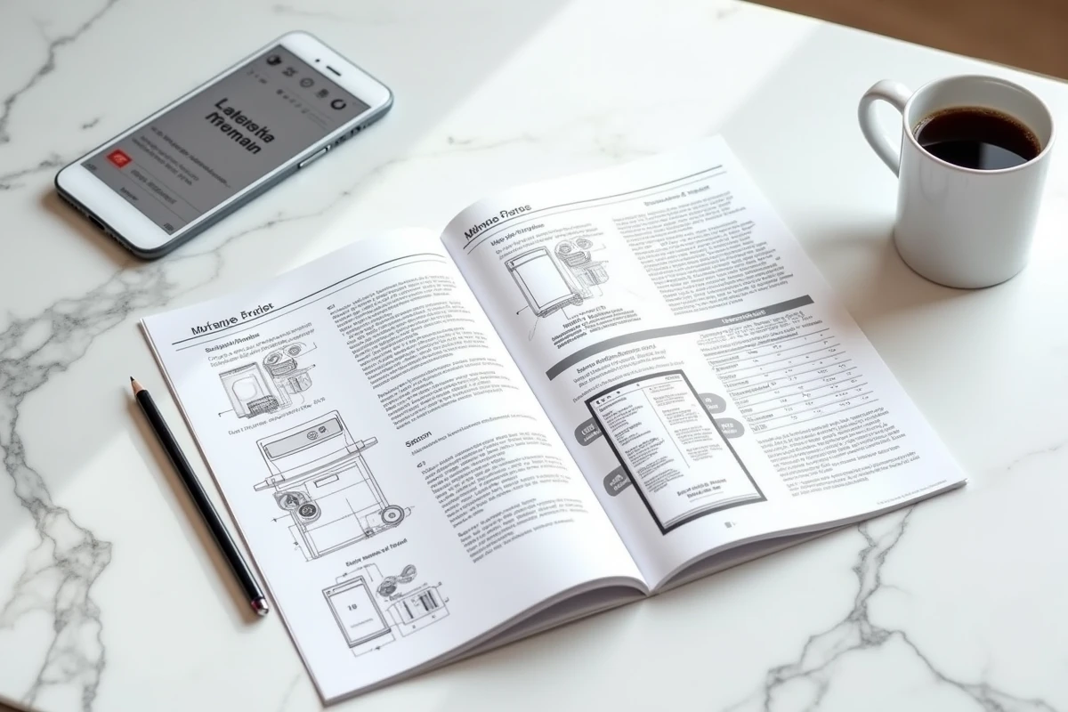 Notice lave-linge Whirlpool 9kg en français ouverte sur un comptoir avec smartphone affichant un PDF
