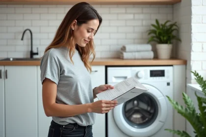 Femme consultant la notice d'un lave-linge Whirlpool 6th Sense 9kg dans une buanderie moderne