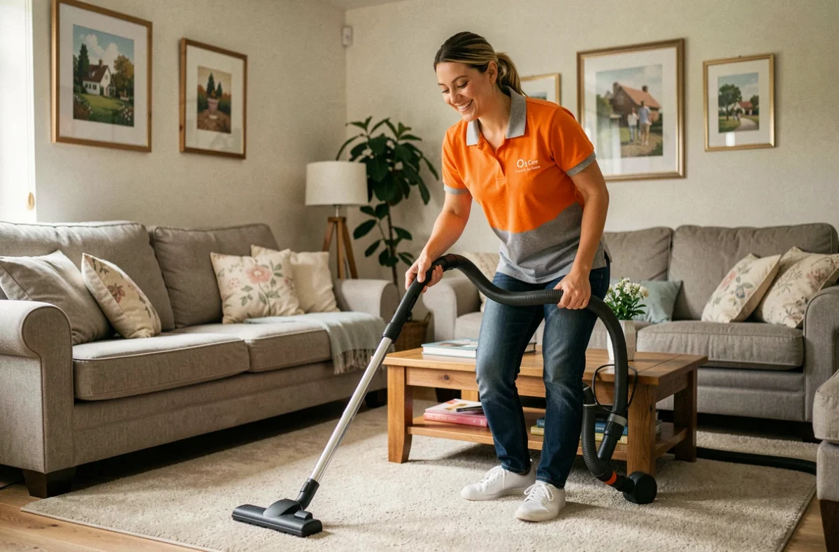 Assistante ménagère d'O2 Care Services Angers passant l'aspirateur dans un salon familial confortable