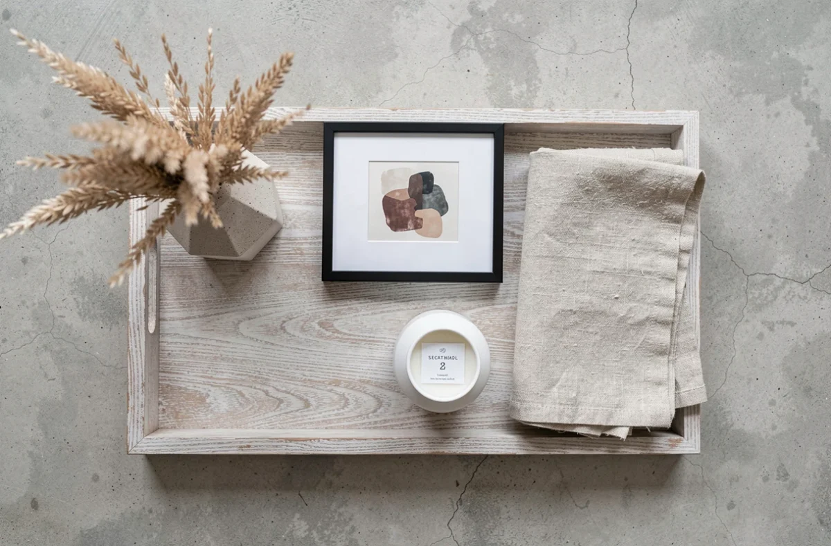 Flat lay d'objets de décoration moderne et abordables incluant vase céramique, cadre minimaliste et bougie sur plateau en bois blanc