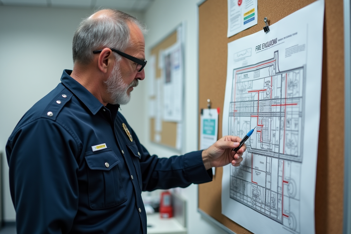 Officier de sécurité incendie examinant un plan d'évacuation