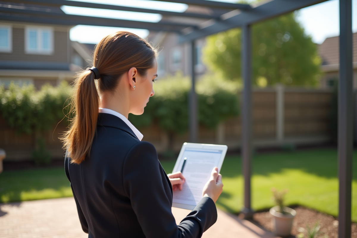 Officier municipal inspectant une pergola dans un jardin ensoleille