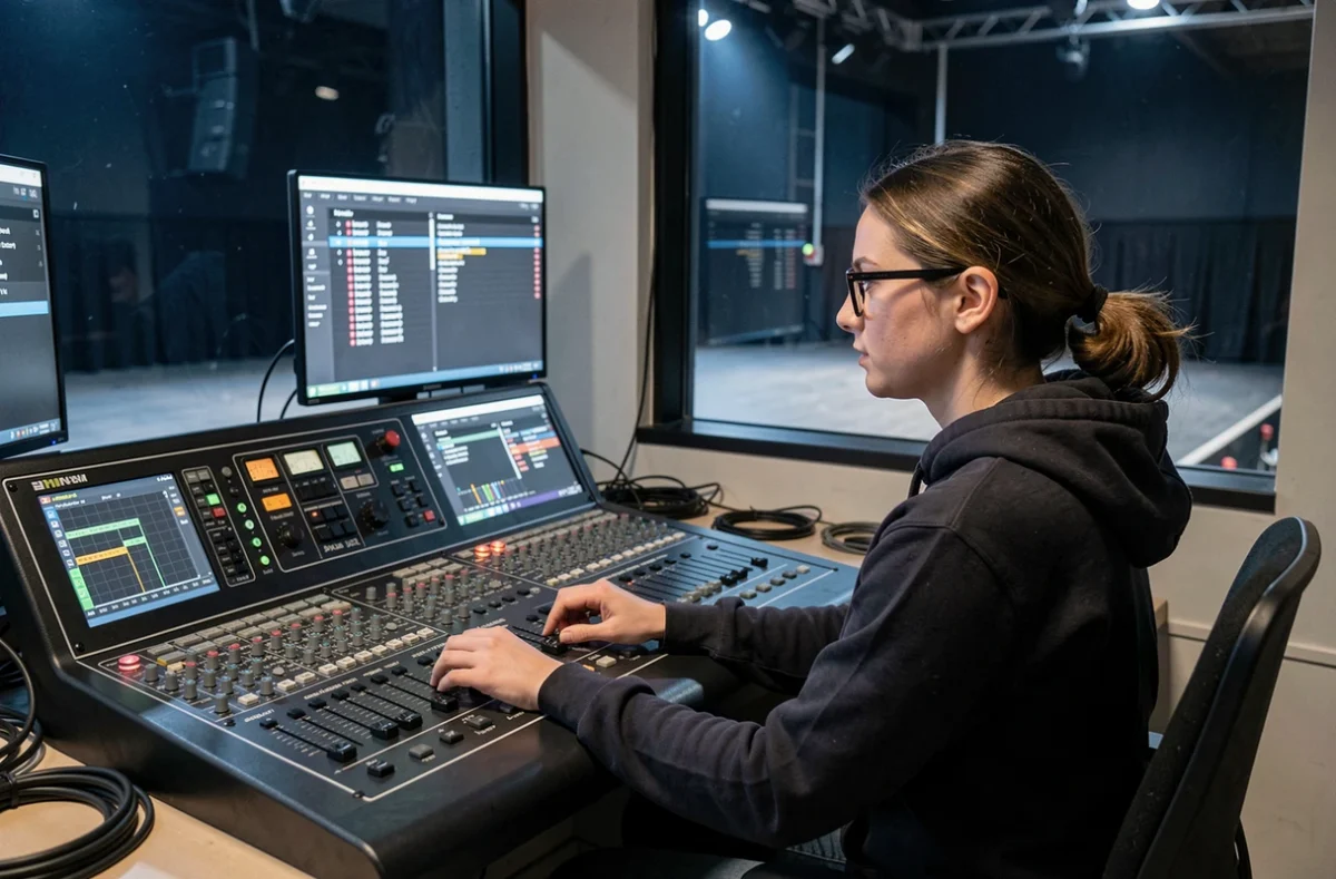 Opératrice lumière programmant un show PAR LED sur une console DMX professionnelle dans une régie technique