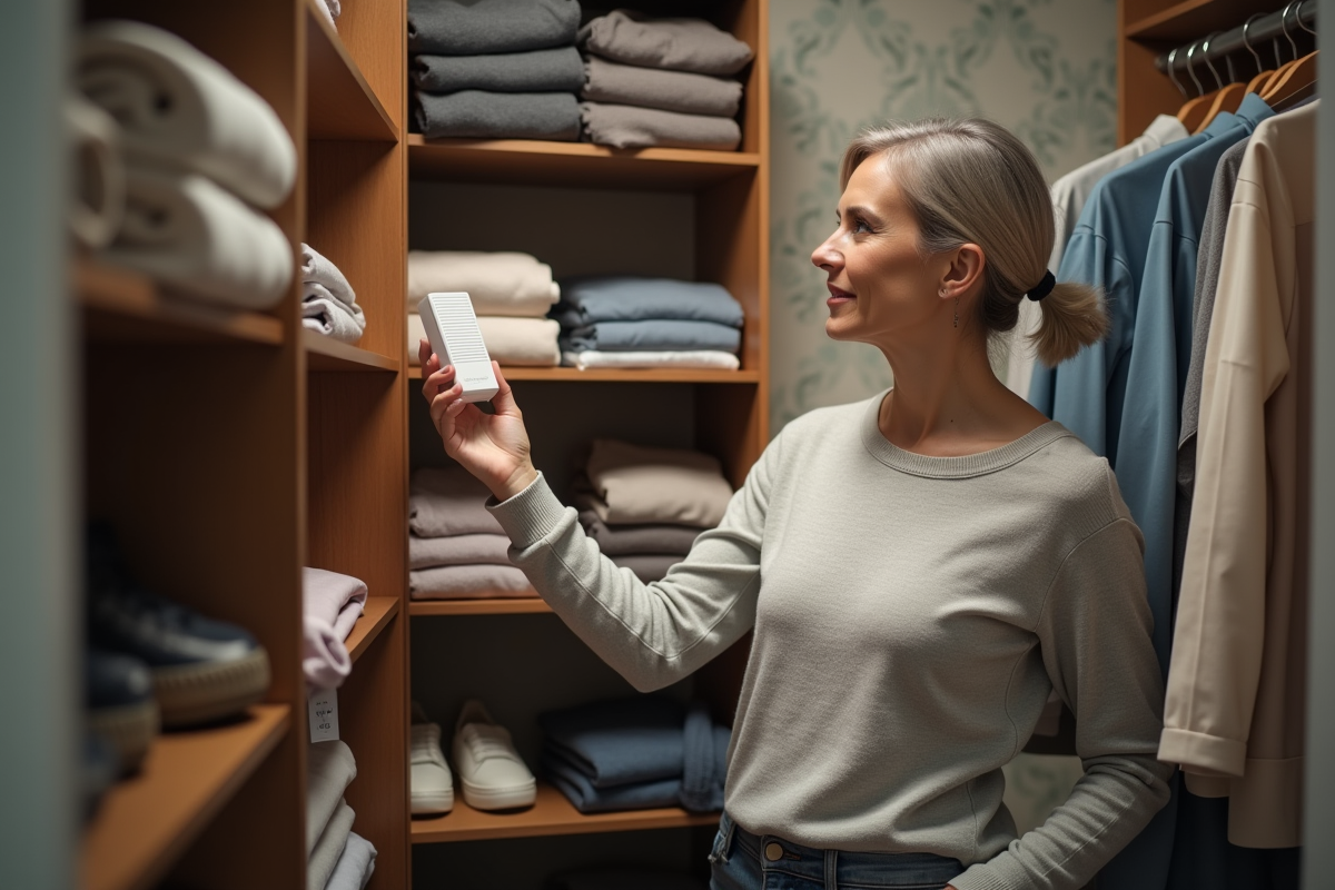Femme organisée dans son placard avec absorbeur d'humidite