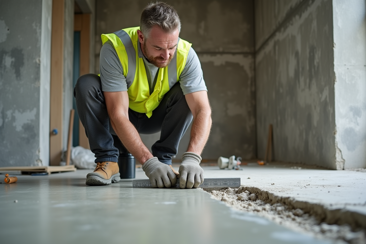 Ouvrier mesurant le béton frais sur un chantier intérieur