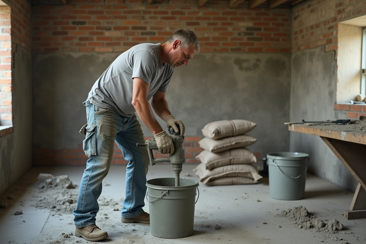 Ouvrier mélangeant du mortier dosé dans un seau sur un chantier de rénovation intérieure