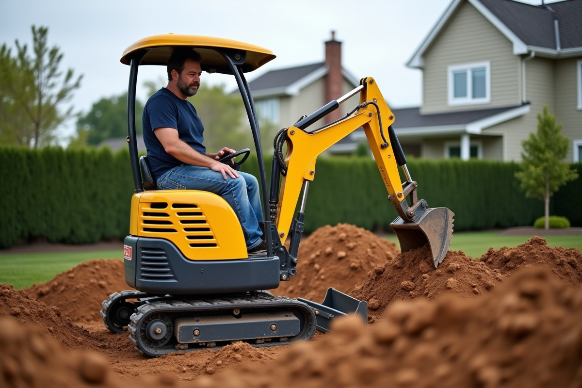 Ouvrier utilisant mini-excavateur pour creuser piscine