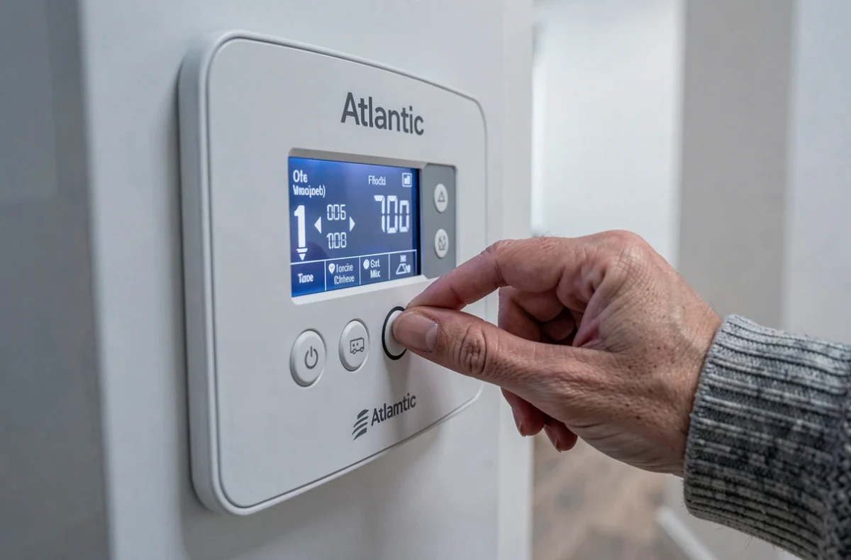 Gros plan sur le panneau de commande numérique d'une pompe à chaleur Atlantic avec affichage de la température