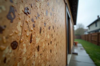 Panneau OSB extérieur exposé à la pluie avec gonflement visible des bords après exposition prolongée à l'humidité