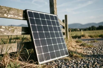 Panneau solaire monocristallin 12 volts appuyé contre une clôture en bois rustique dans un jardin rural