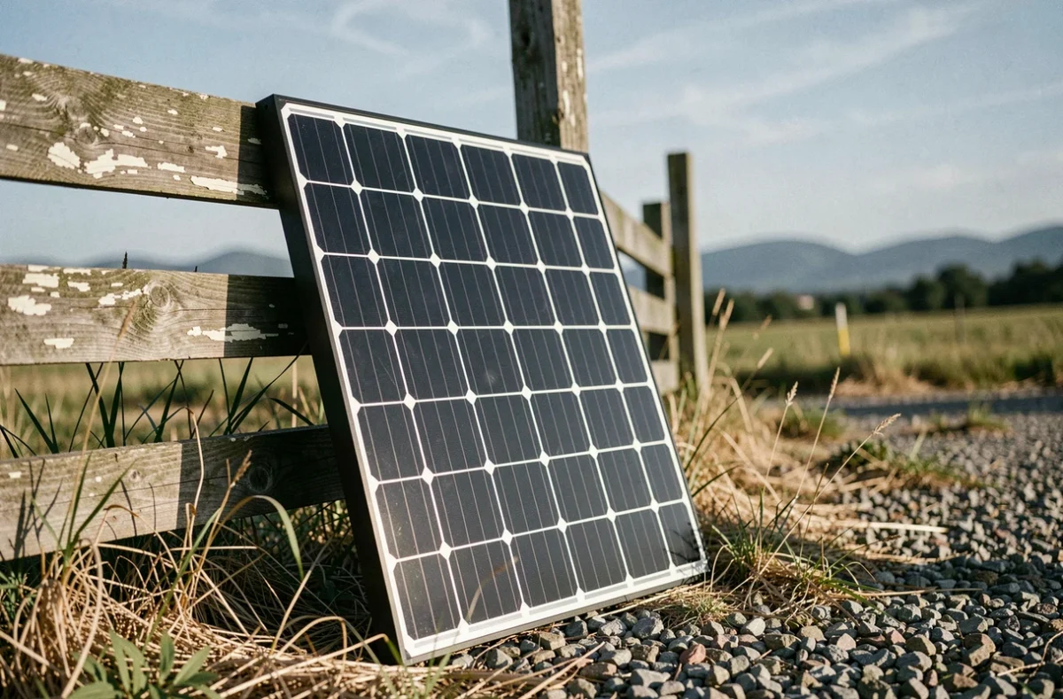 Panneau solaire monocristallin 12 volts appuyé contre une clôture en bois rustique dans un jardin rural