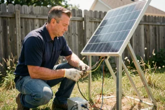 Technicien inspectant un panneau solaire connecté sans batterie dans un jardin résidentiel