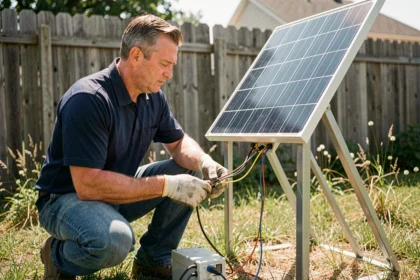 Technicien inspectant un panneau solaire connecté sans batterie dans un jardin résidentiel