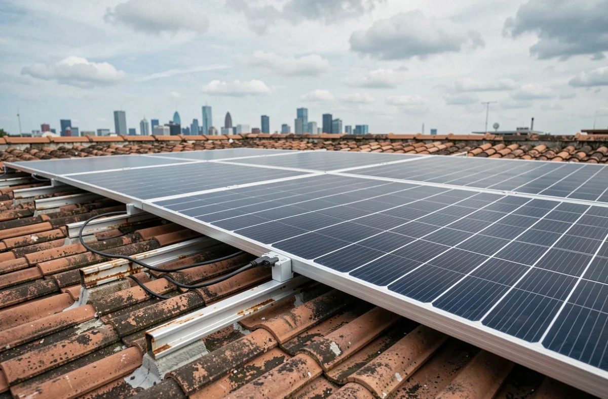 Panneaux solaires sur toiture urbaine connectés directement à un micro-onduleur sans stockage batterie