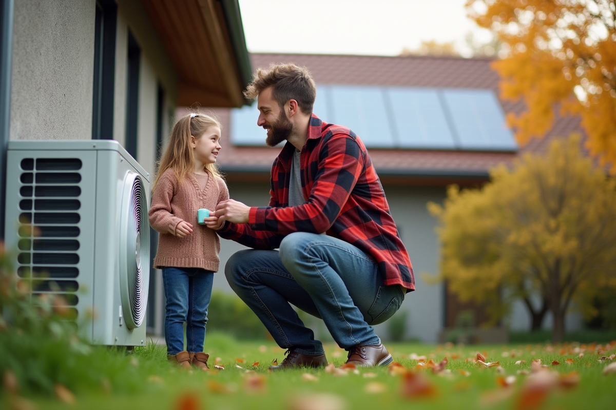 Pere et fille devant une pompe a chaleur et panneaux solaires