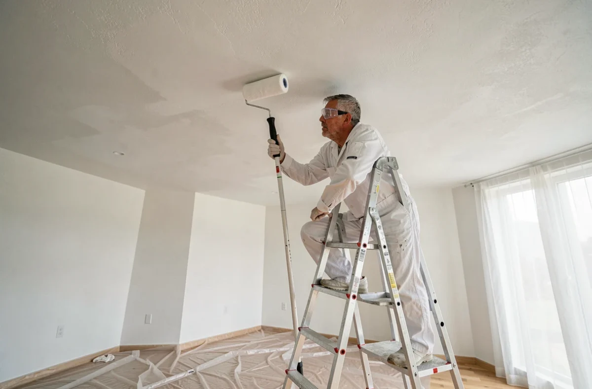 Peintre professionnel appliquant de la peinture glycéro blanche au plafond avec un rouleau à long manche sans ponçage préalable